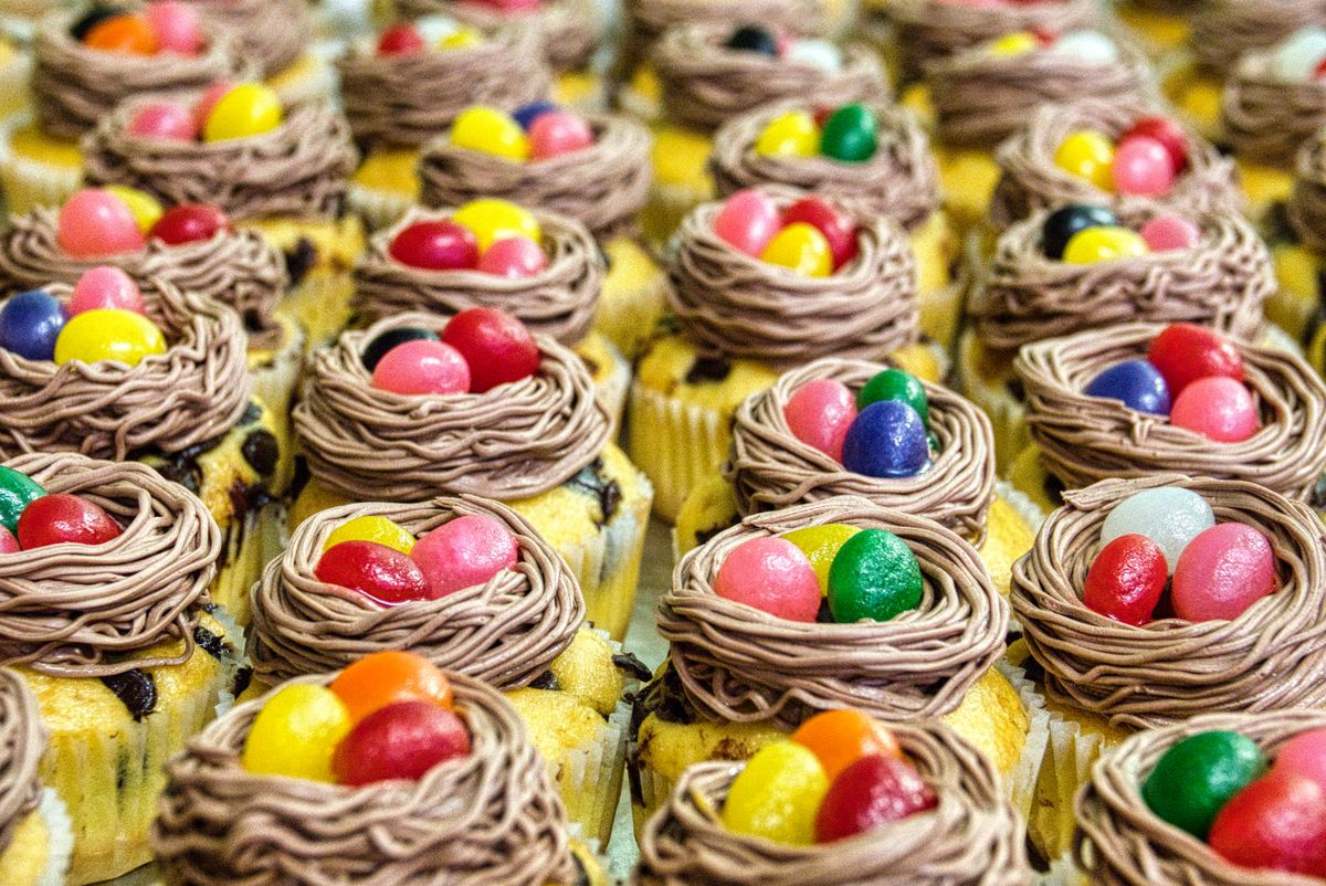 Close-up of cupcakes topped with chocolate nests and colorful jelly beans, creating a vibrant dessert display.