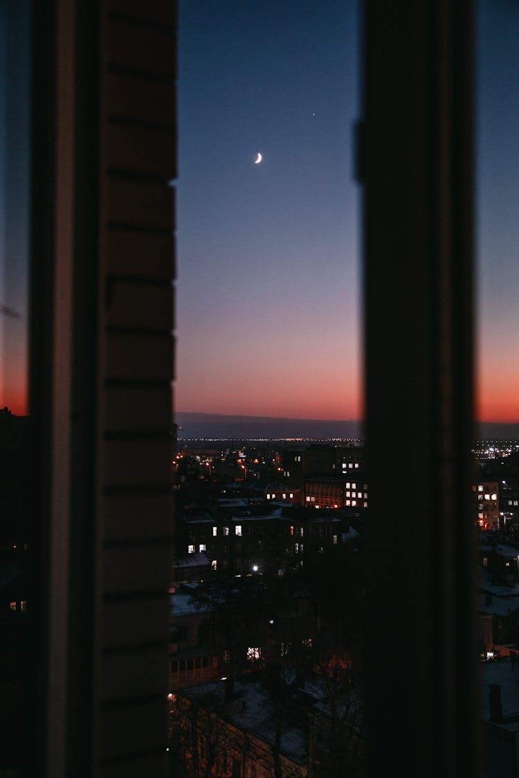 Night Panoramic View Of City From Window