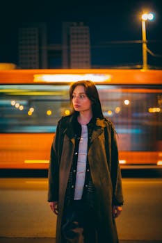 A stylish woman in a dark coat stands on a city street at night with a blurred tram behind her.