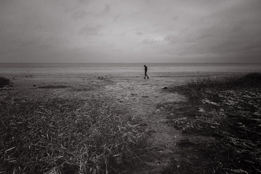 Silhouette of a man walking on a deserted beach in a moody black and white scene.