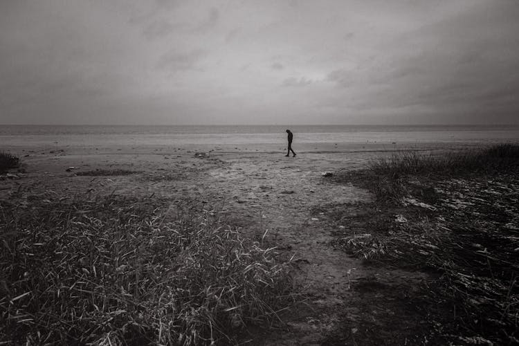 Silhouette Of Man Walking On Beach