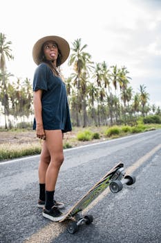 Young woman in a hat standing with her longboard on a road, surrounded by palm trees, radiating summer vibes.