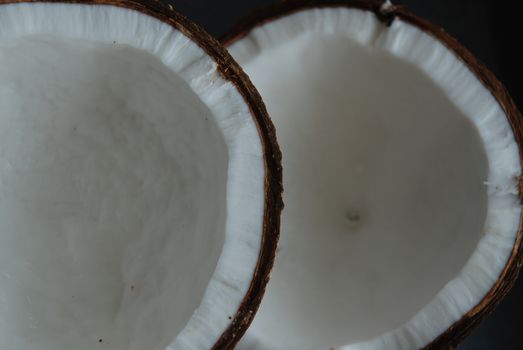 Detailed close-up of two halved coconuts showcasing their white inner flesh and textured brown shell.