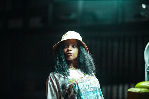 A young black woman wearing a bucket hat looks sideways under soft night lighting.
