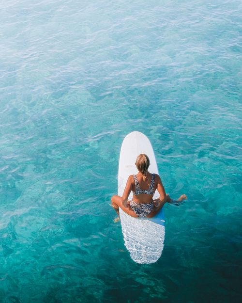 Free Woman in leopard print bikini surfing on a blue ocean on a sunny day. Stock Photo