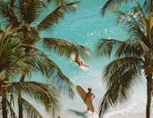 俯瞰冲浪者享受棕榈树环绕的明亮热带海滩