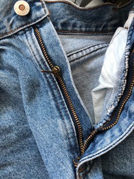 Detailed close-up of a blue denim jeans zipper and button, showcasing fabric texture.