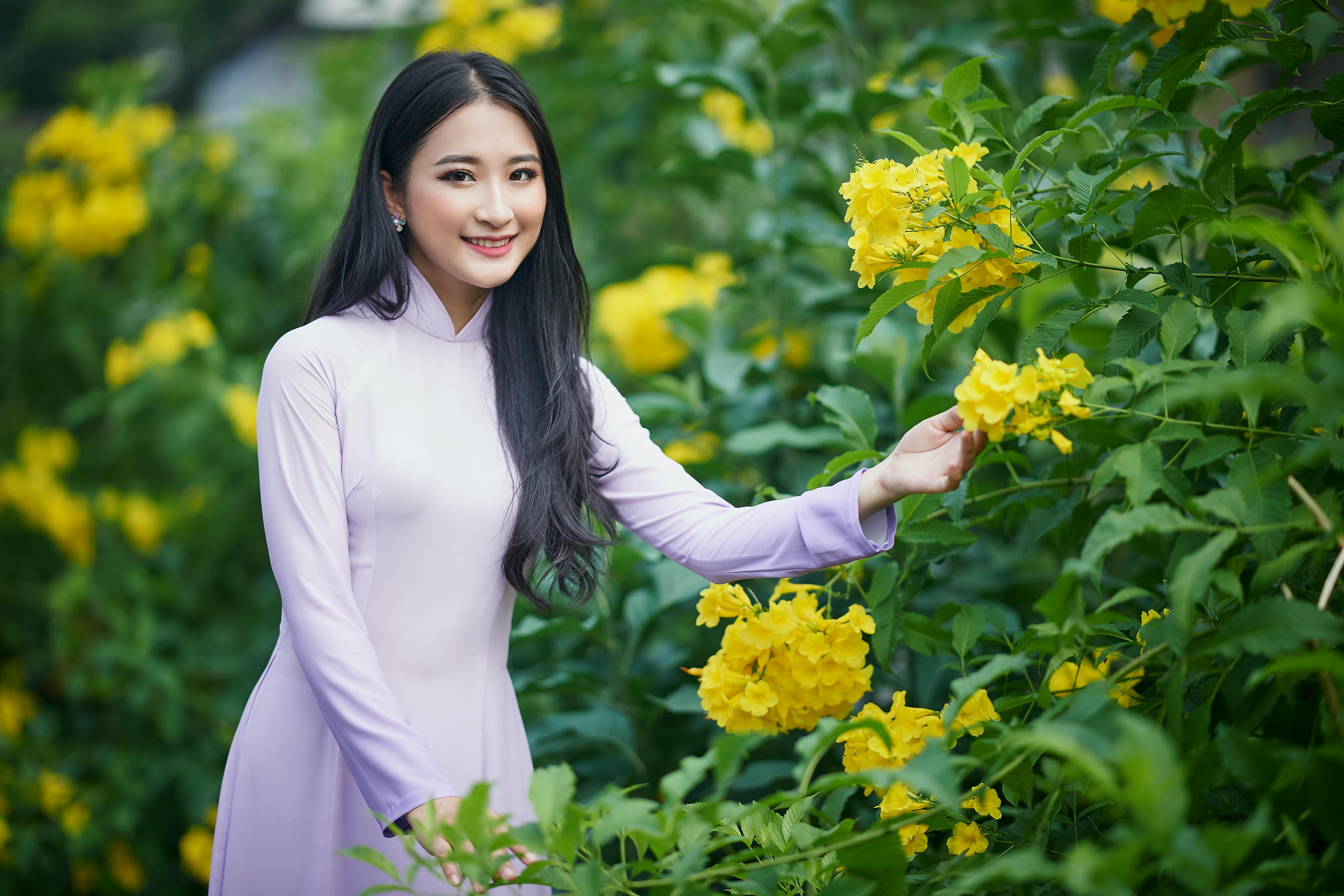 Free Woman in Purple Ao Dai Holding Yellow Flowers Stock Photo