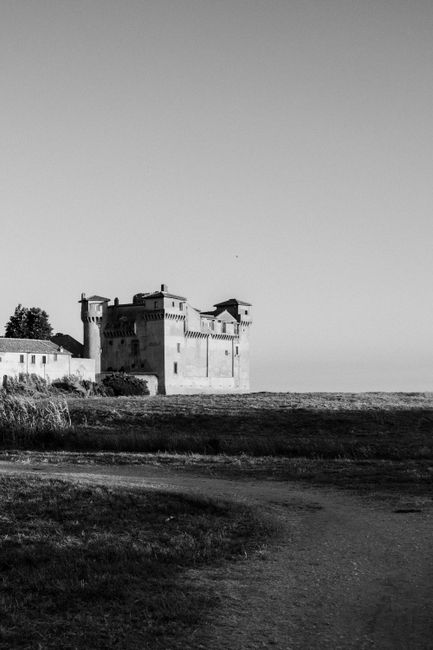 Striking monochrome image of Santa Severa Castle, Italy's medieval landmark.