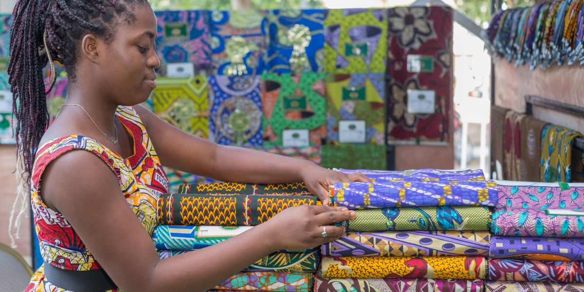 Stack of colorful African wax print fabric