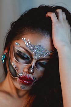 Striking portrait showcasing creative skull-inspired makeup artistry on a woman.