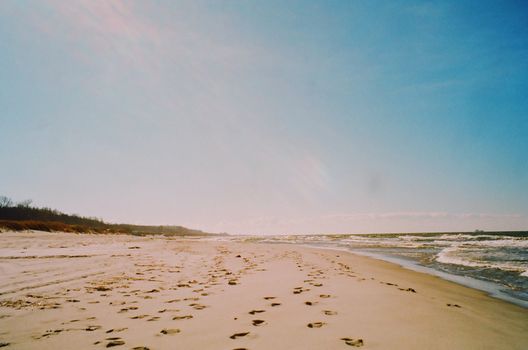 Peaceful sandy beach with ocean waves and clear sky, showcasing footsteps on the shore.