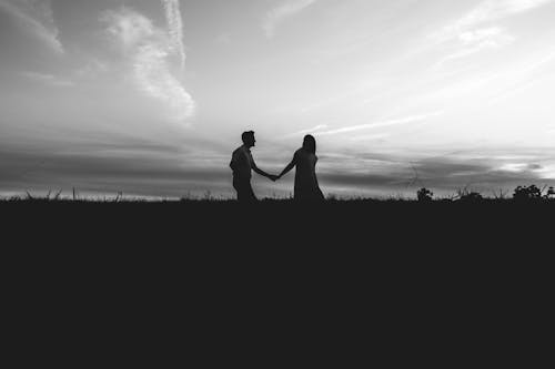 A Silhouette of a Couple Walking on a Grass Field