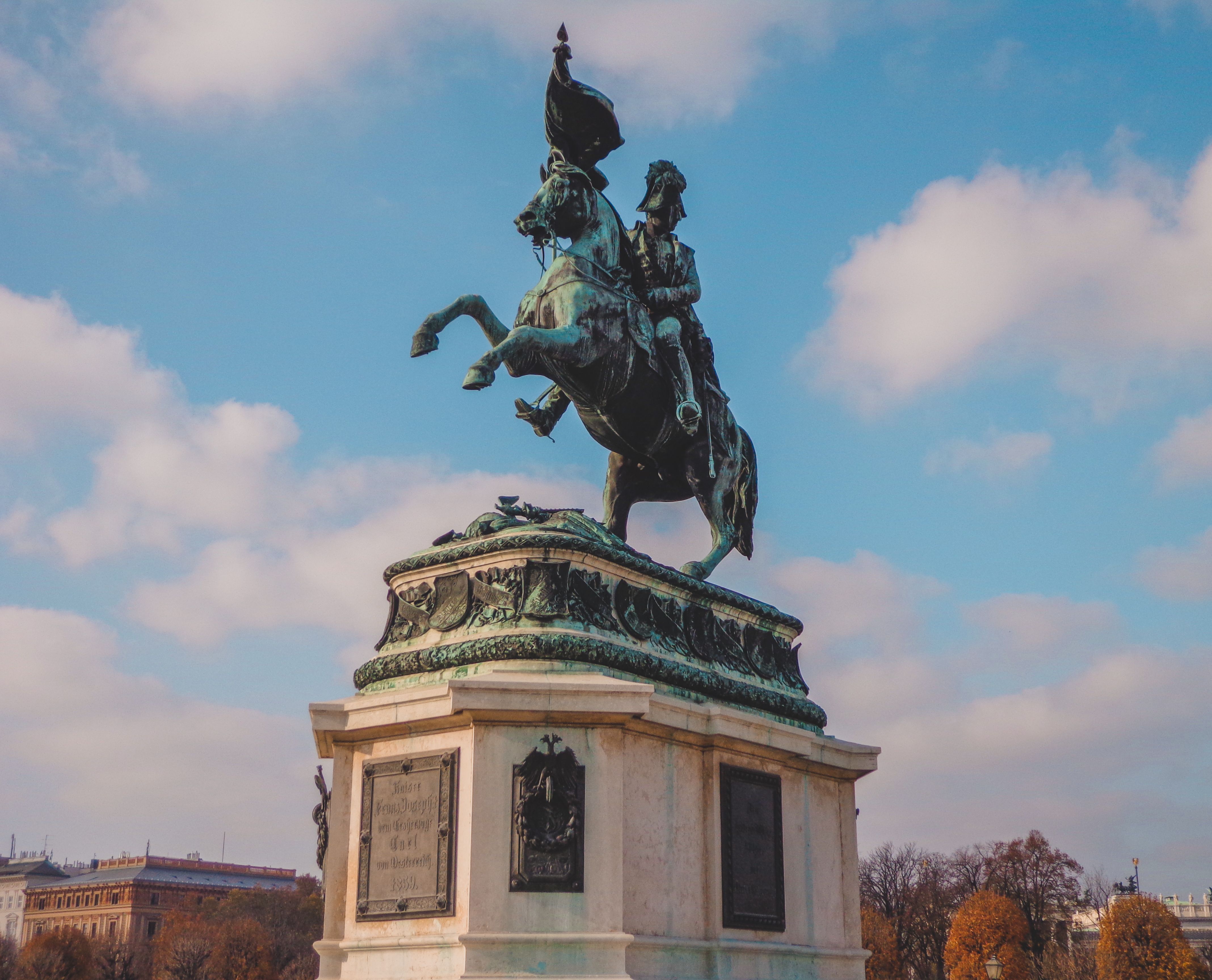 Majestic equestrian statue located outdoors in Vienna, Austria. Captures historical grandeur.