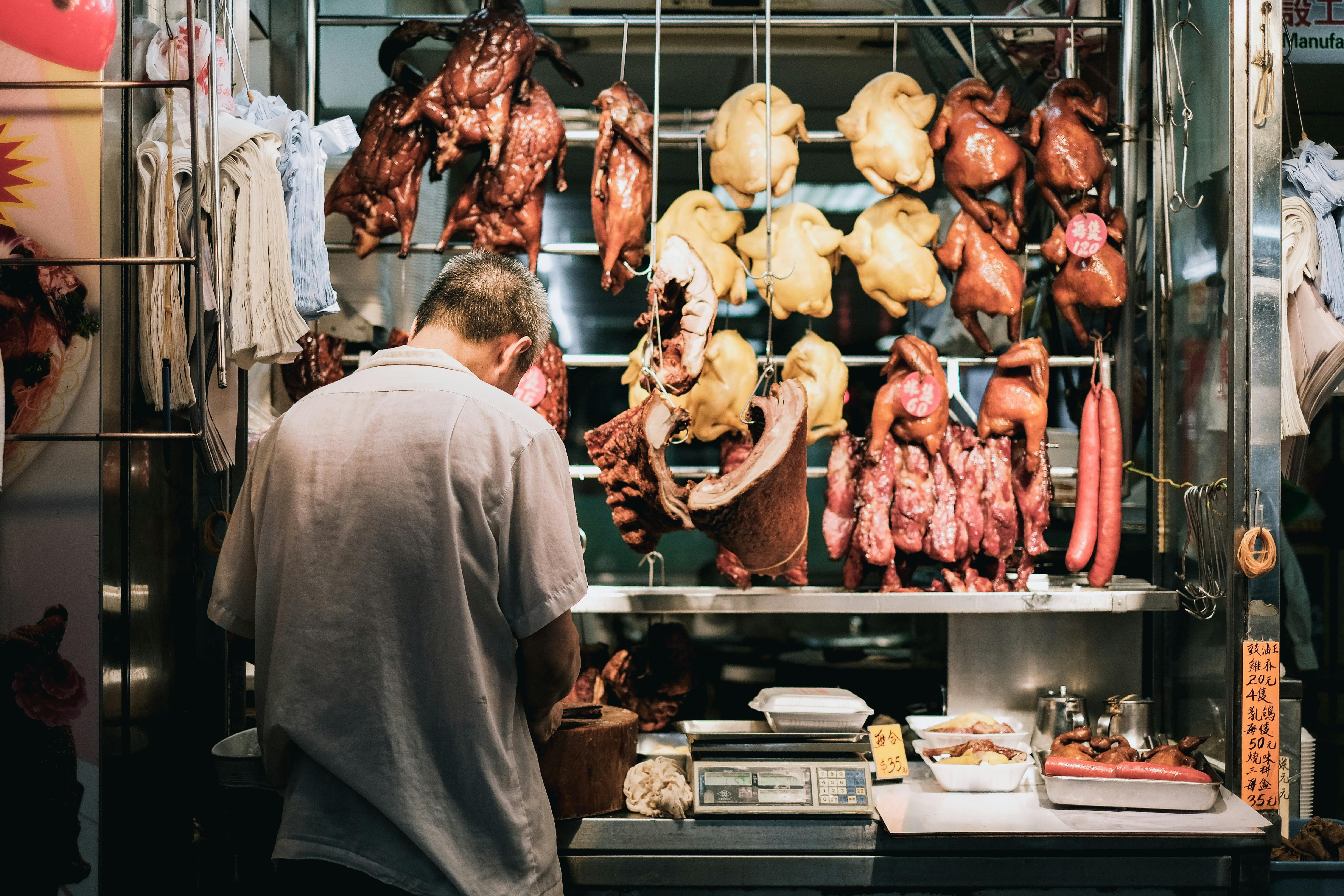 hanging meat on a retail store