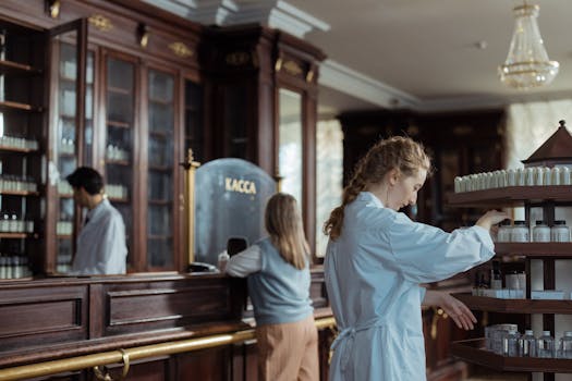 Pharmacist arranging medicine bottles on a wooden shelf in a classic pharmacy setting.