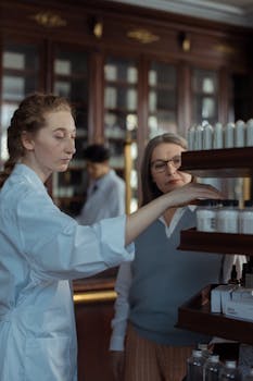 A senior woman examines products on wooden shelves in a pharmacy with assistance.