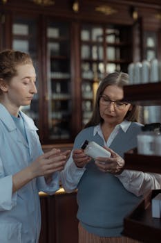 A pharmacist helps a senior adult woman with medication choices in a pharmacy setting.