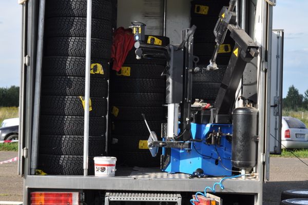 Tires loaded in a mobile tire truck