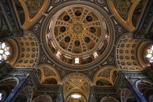 A stunning view of the detailed church ceiling showcasing intricate architecture in Milwaukee.