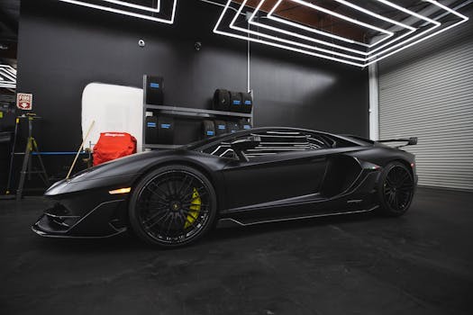 Luxury black sports car parked inside a modern garage with neon lights.
