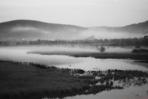 Free A tranquil mist covers a lake surrounded by mountains at dawn, creating a serene atmosphere. Stock Photo