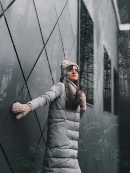 一位穿着冬季外套、戴着针织帽的优雅女子靠在反光玻璃墙上