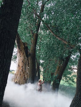 一名女子身处郁郁葱葱的绿色森林中，被雾气包围的有趣场景