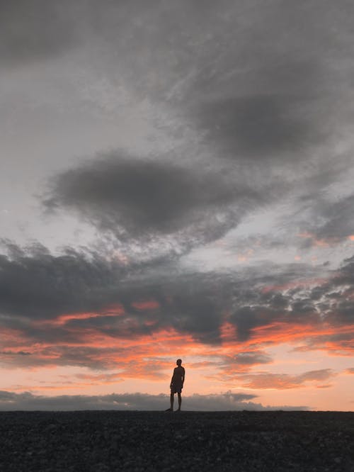 Silhouette of Man Standing Underneath Gray Sky