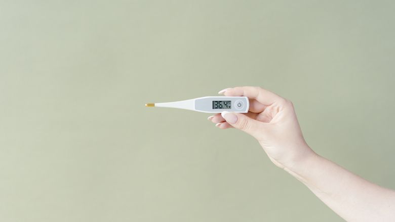 Hand holding a digital thermometer