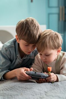 Two young brothers playing with a handheld game console, focused and engaged indoors.