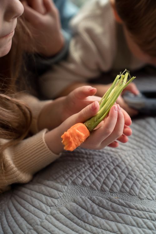 Free Close-up of children holding a fresh carrot, emphasizing healthy eating habits. Stock Photo