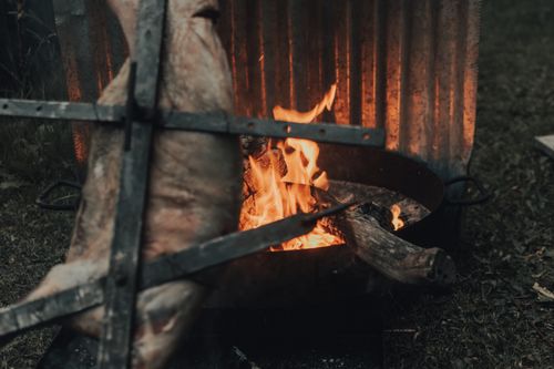 Free Roasting meat over a firepit outdoors, creating a warm and rustic ambiance. Stock Photo