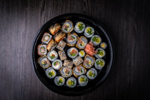 Top View of Japanese Food on a Black Plate