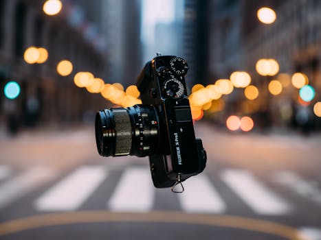 A Fujifilm camera appears to float against a vibrant city bokeh background, creating a captivating urban vibe.