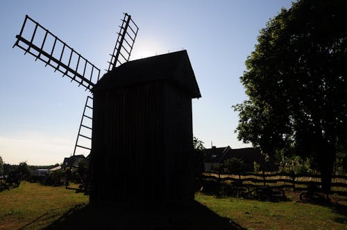 Silhouette of a Windmill near a Tree