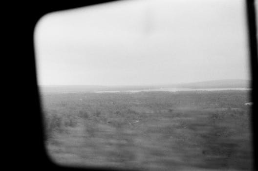 Black and white landscape view captured through a window during a moving vehicle journey.
