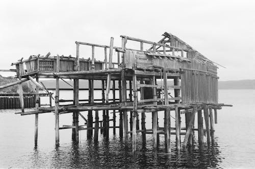 Grayscale Photo of Decaying Wooden House 