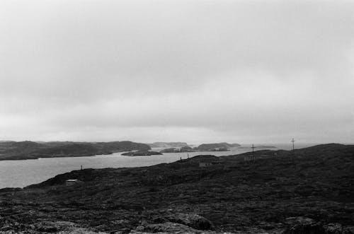 Foto profissional grátis de casas, colina, fotografia em escala de cinza