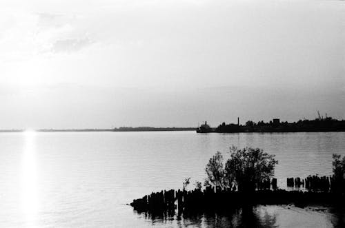 Sunrise over the Lake Horizon in Black and White Photo