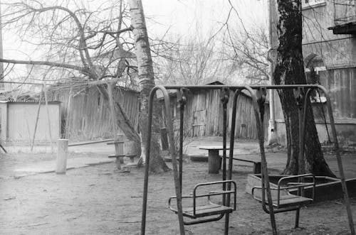 Black and White Photo of Swings