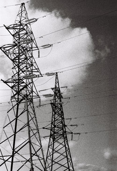 Monochrome Photograph of Power Lines
