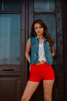Confident woman posing in a denim vest and red shorts against a wooden door.