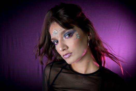 Artistic portrait featuring a woman with creative makeup against a vibrant purple background.