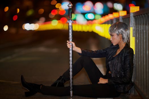 A woman in dark attire sits on a city street at night, holding a sword with a blurred urban background.