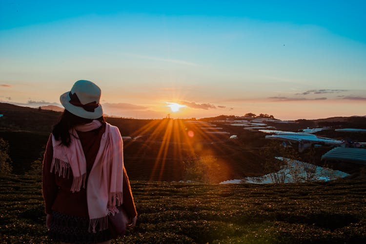 Person Wearing White Fedora Hat And Pink Scarf During Golden Hour