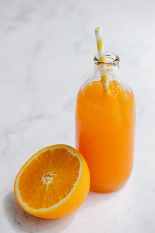 Close-up of Orange Juice on a Bottle