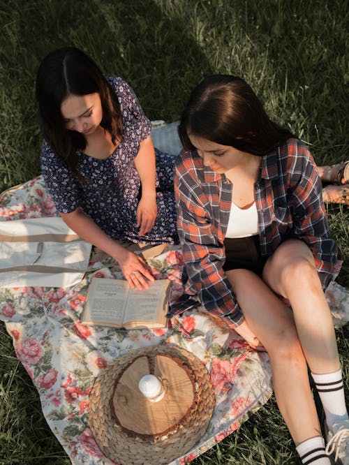 Free Women Sitting on Picnic Blanket While Reading a Book Stock Photo