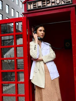 Stylish woman posing in a classic red telephone booth with urban backdrop.