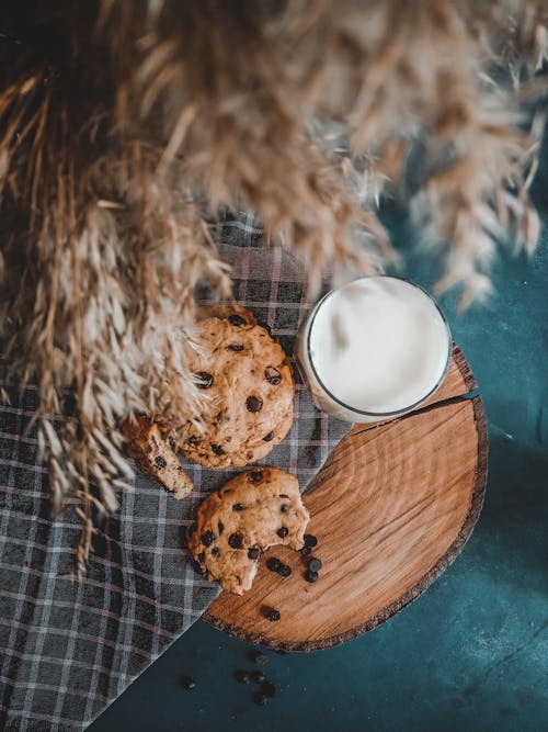 Free Chocolate Chip Cookies and a Glass of Milk Stock Photo